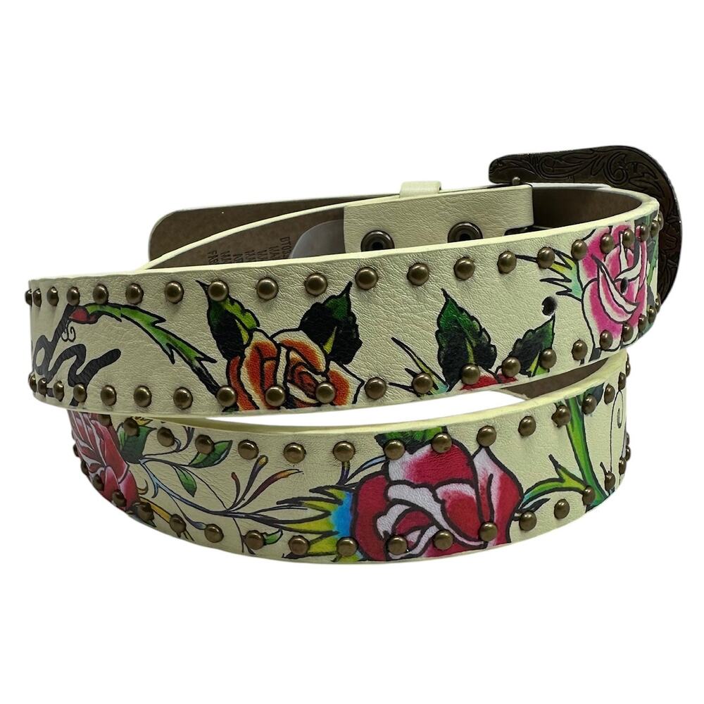 Ed Hardy Women's Rivet Studded Printed Cream Belt - Picture 4 of 5